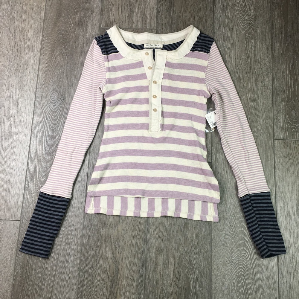 NWT Free People Hi Low Hem Give Me Stripes Henley Top Black White Purple XS